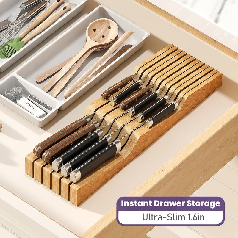 Wieghda Bamboo In-Drawer Knife Block for 11 Knives(Not Included), Knife Drawer Organizer,Knife Holder Countertop,Block Knife Storage Organizer for Kitchen - Image 5